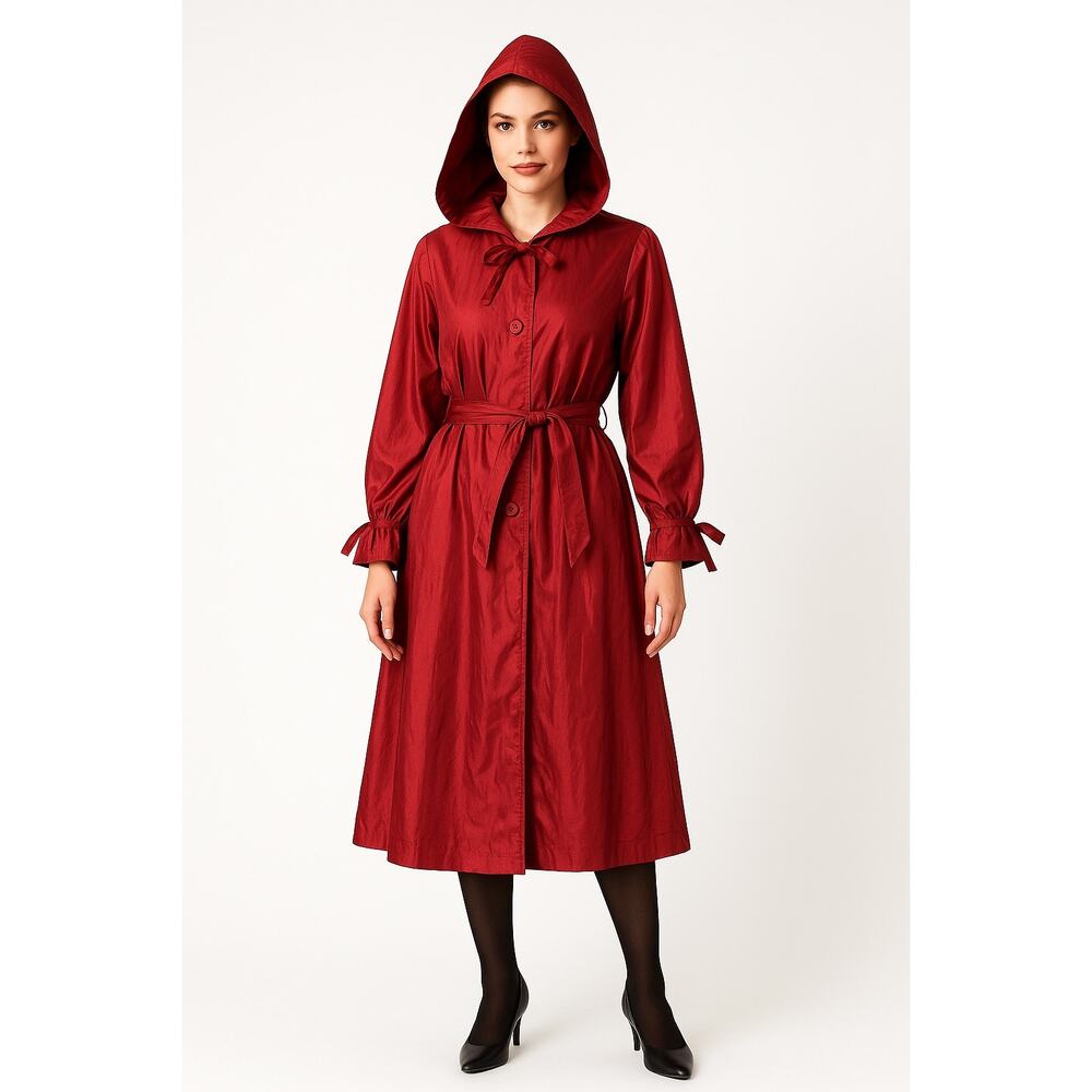 1990s Messages Red Iridescent Hooded Taffeta Belted Coat Made in Hong Kong M